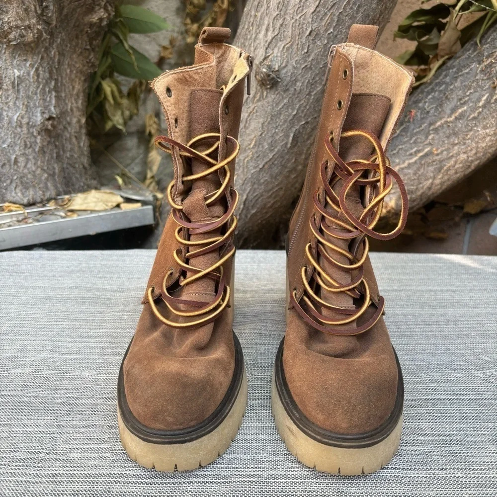 FREE PEOPLE Dylan Lace Up Boots Taupe Brown Size EU 36 Chunky Platform Heel